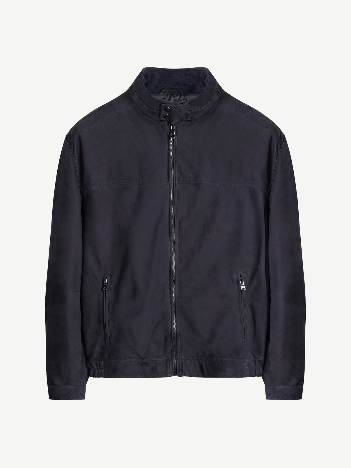 Front view of the Classic Racer Jacket in navy blue suede, laid flat on a white background.