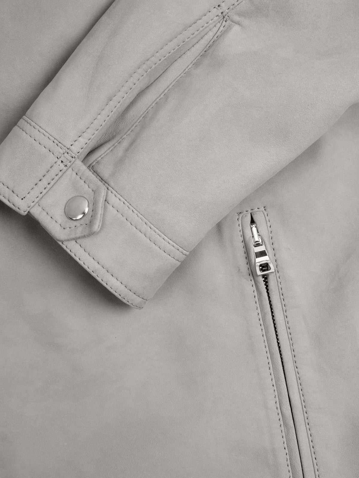 Close-up of the sleeve cuff and zipped pocket on the Luca Faloni Classic Racer Jacket in light grey goatskin suede.