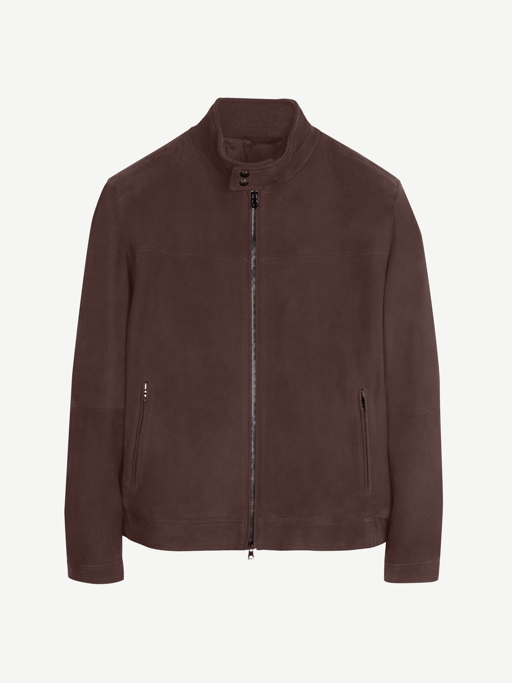 Front view of the Luca Faloni Classic Racer Jacket in chocolate brown, laid flat against a plain background.