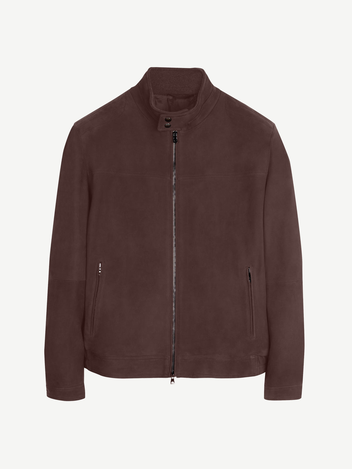 Front view of the Luca Faloni Classic Racer Jacket in chocolate brown, laid flat against a plain background.