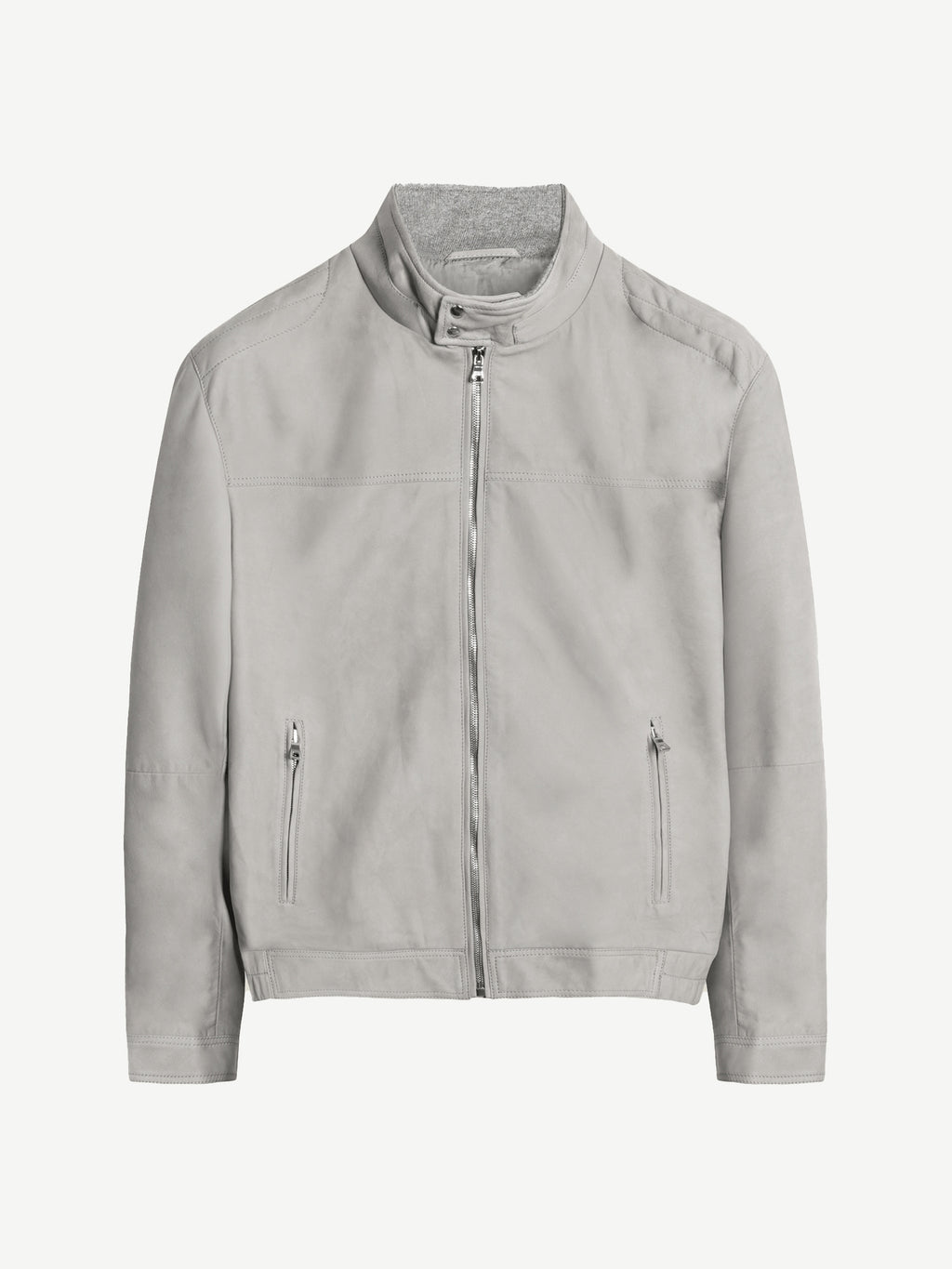 Front view of the Classic Racer Jacket in light grey suede.