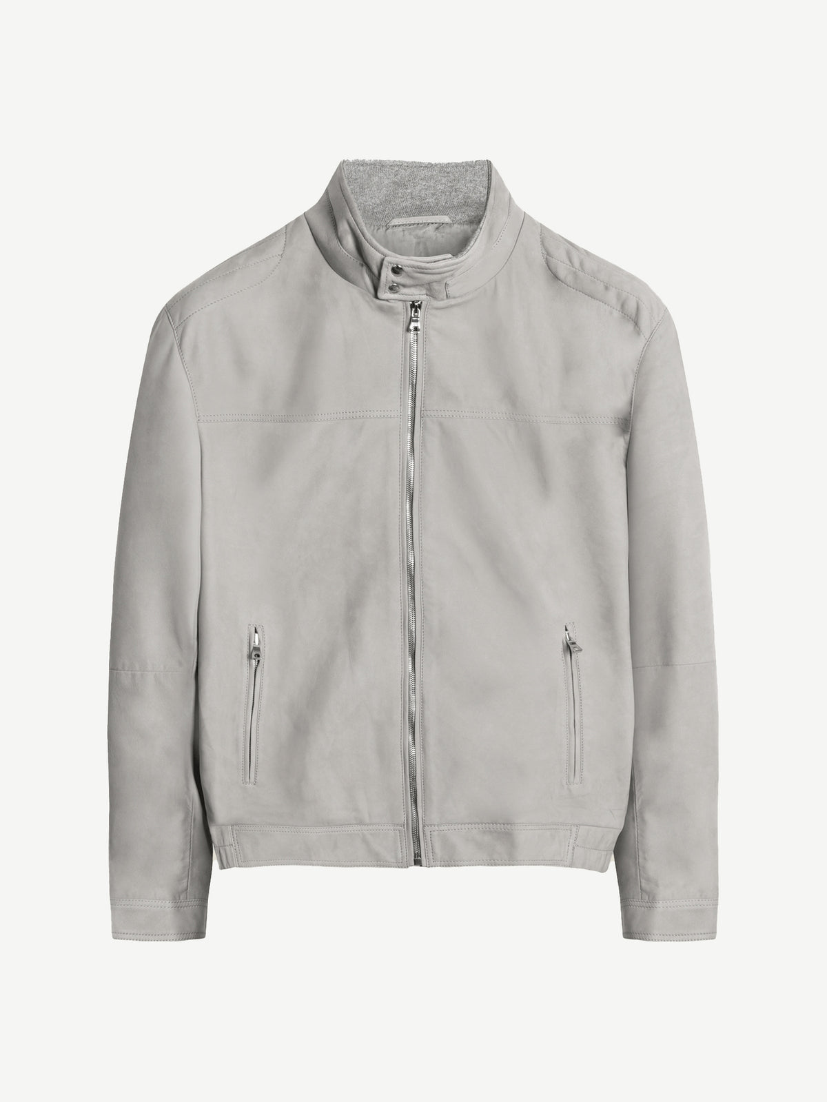 Front view of the Classic Racer Jacket in light grey suede.