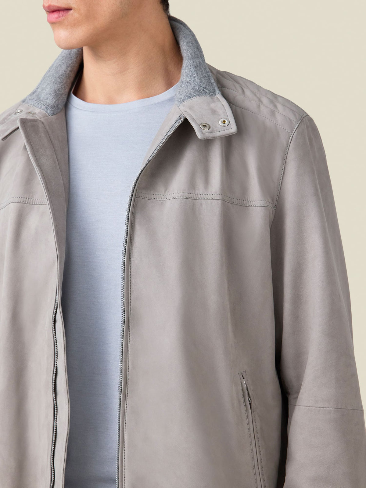 Close-up detail of the Classic Racer Jacket in light grey, showing the soft goatskin suede and cashmere-lined upright collar.