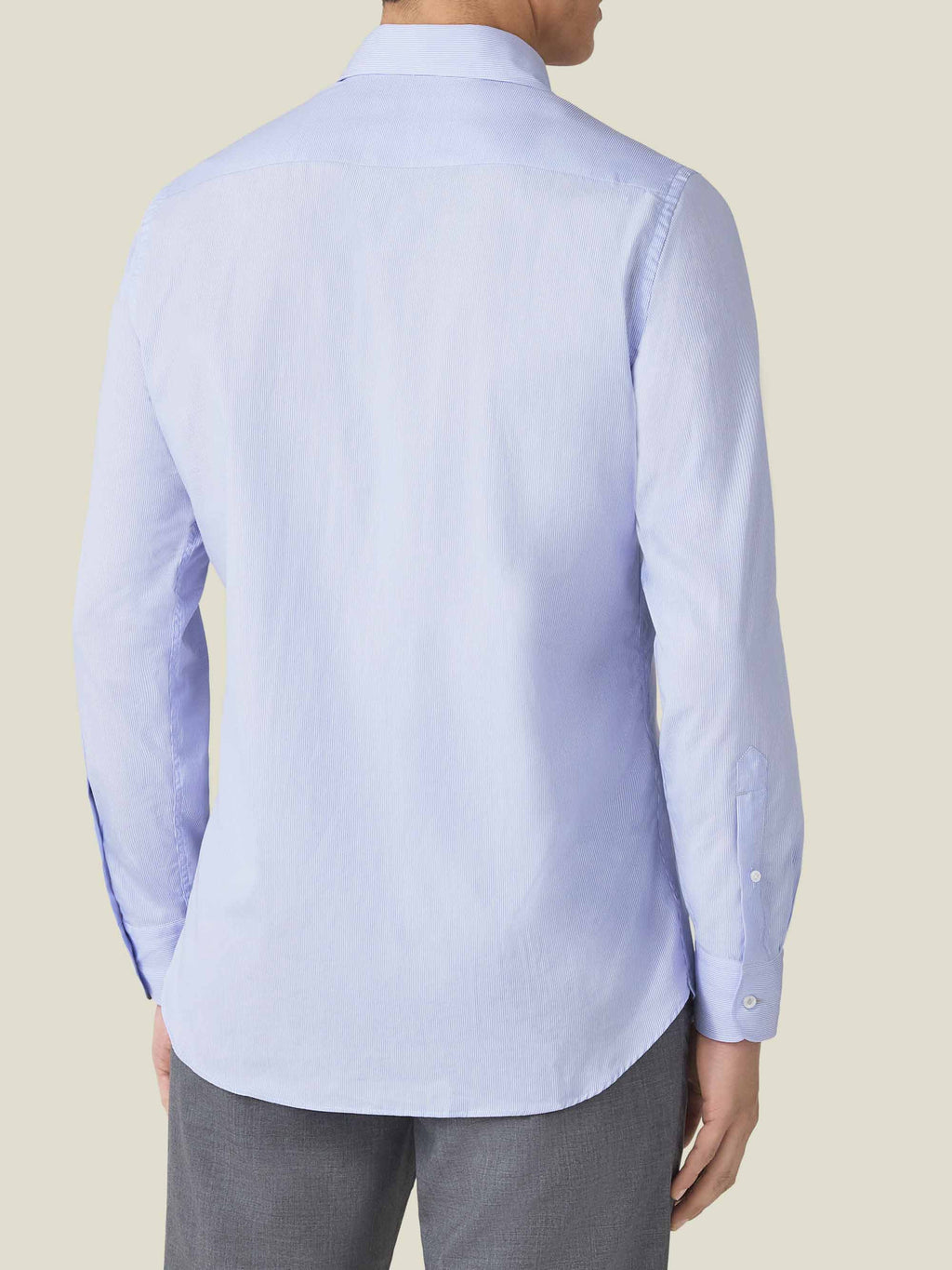 Back view of the Lightweight Poplin Cotton Shirt in Striped Light Blue, showcasing the fit across the shoulders and back.