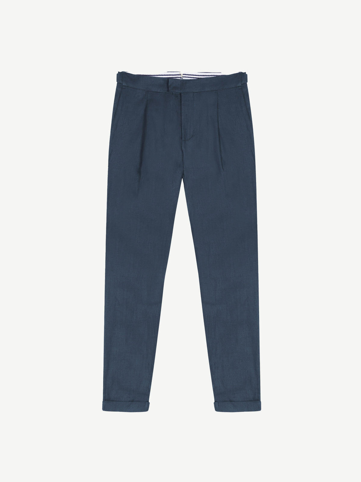 Front view of the trousers from the Luca Faloni Navy Blue Linen Suit, showcasing the pleated front and cuffed hem.