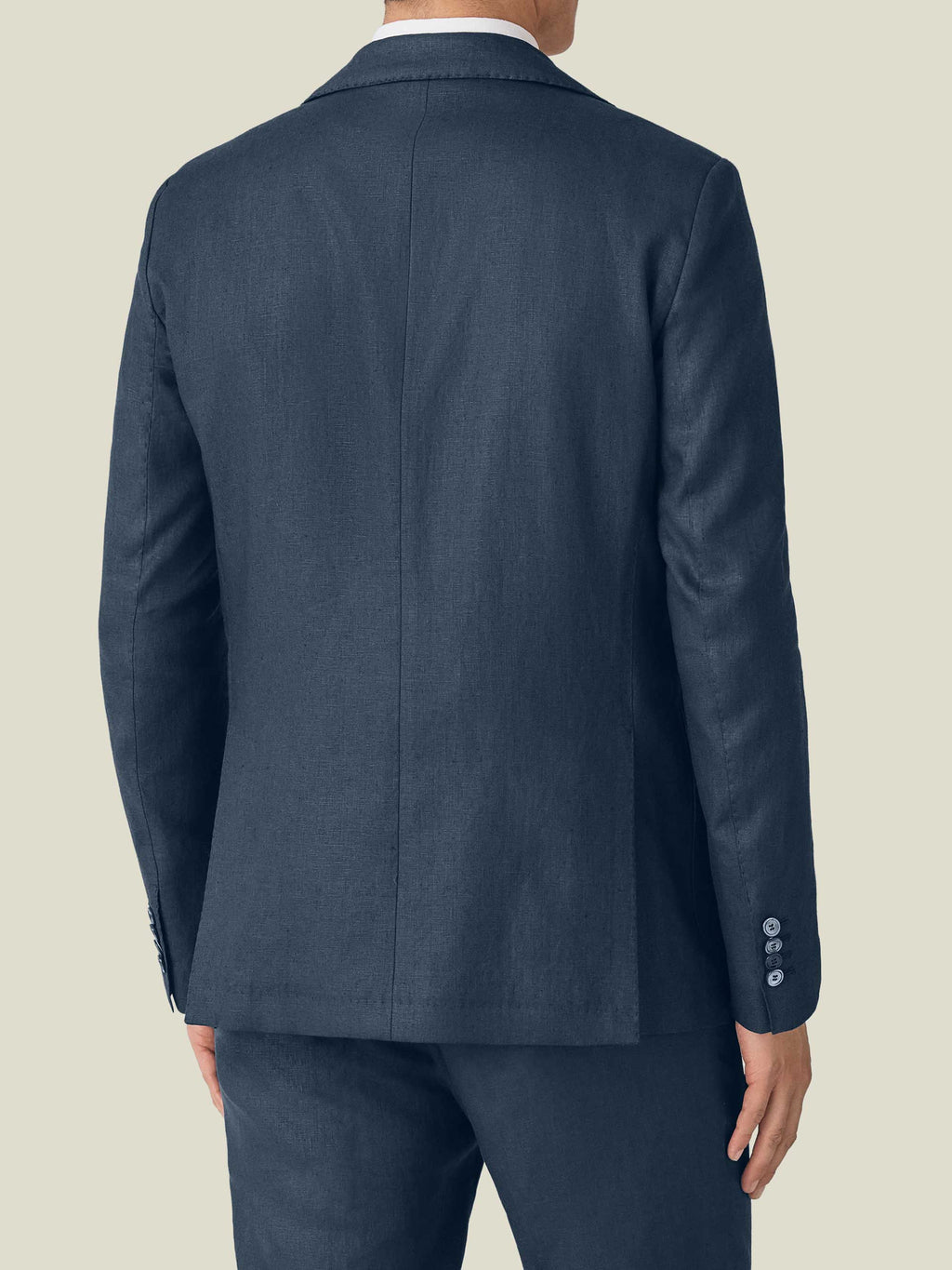 Back view of the Navy Blue Linen Suit, focusing on the tailored fit and central seam of the blazer.