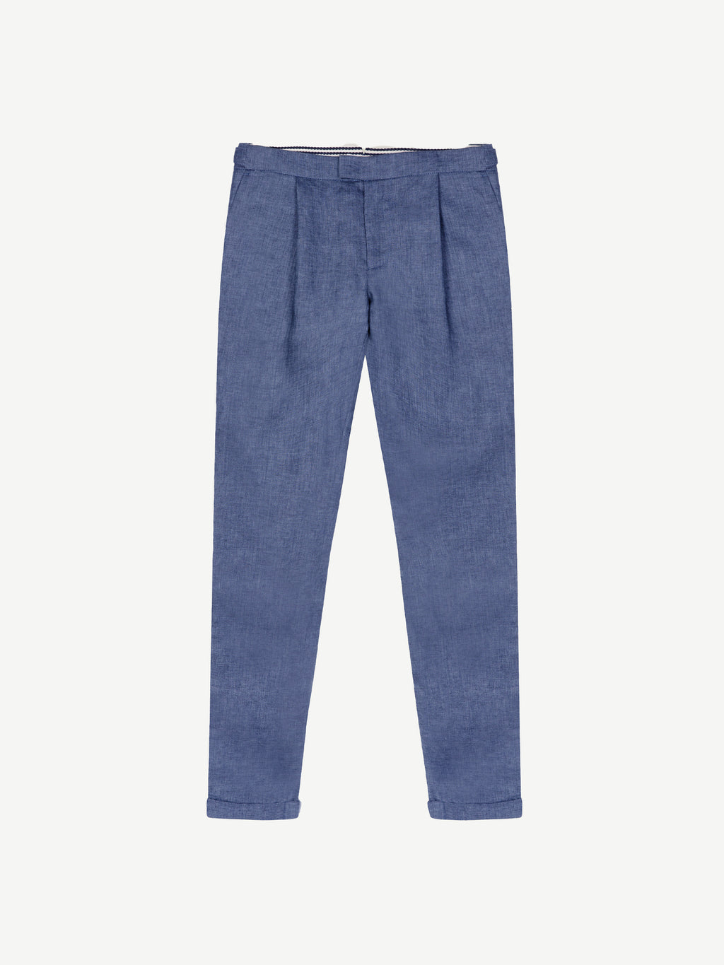 Front view of the trousers from the Luca Faloni Azure Linen Suit, highlighting the pleated front and textured fabric.