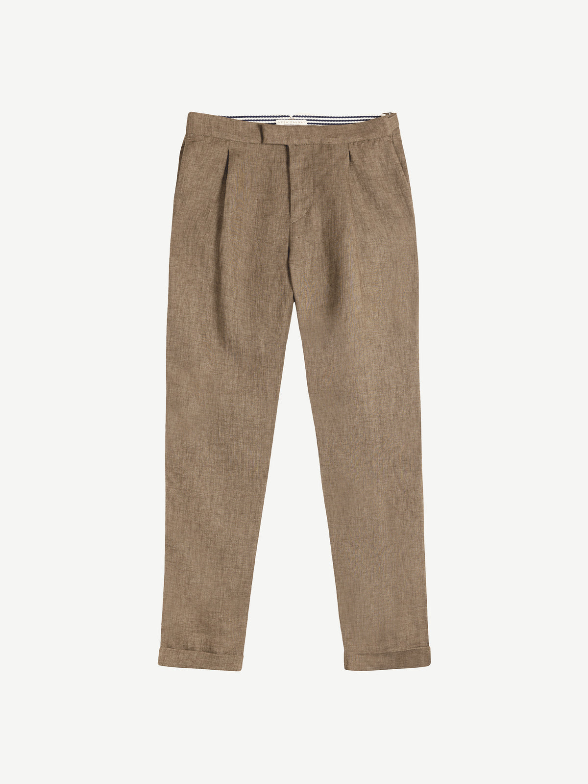 Front view of the Luca Faloni Linen Trousers in Hazelnut Brown, showcasing the pleated front and textured fabric.