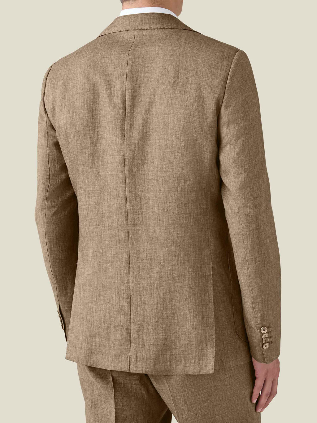 Back view of the Hazelnut Brown Linen Suit, focusing on the single vent and tailored fit of the blazer.