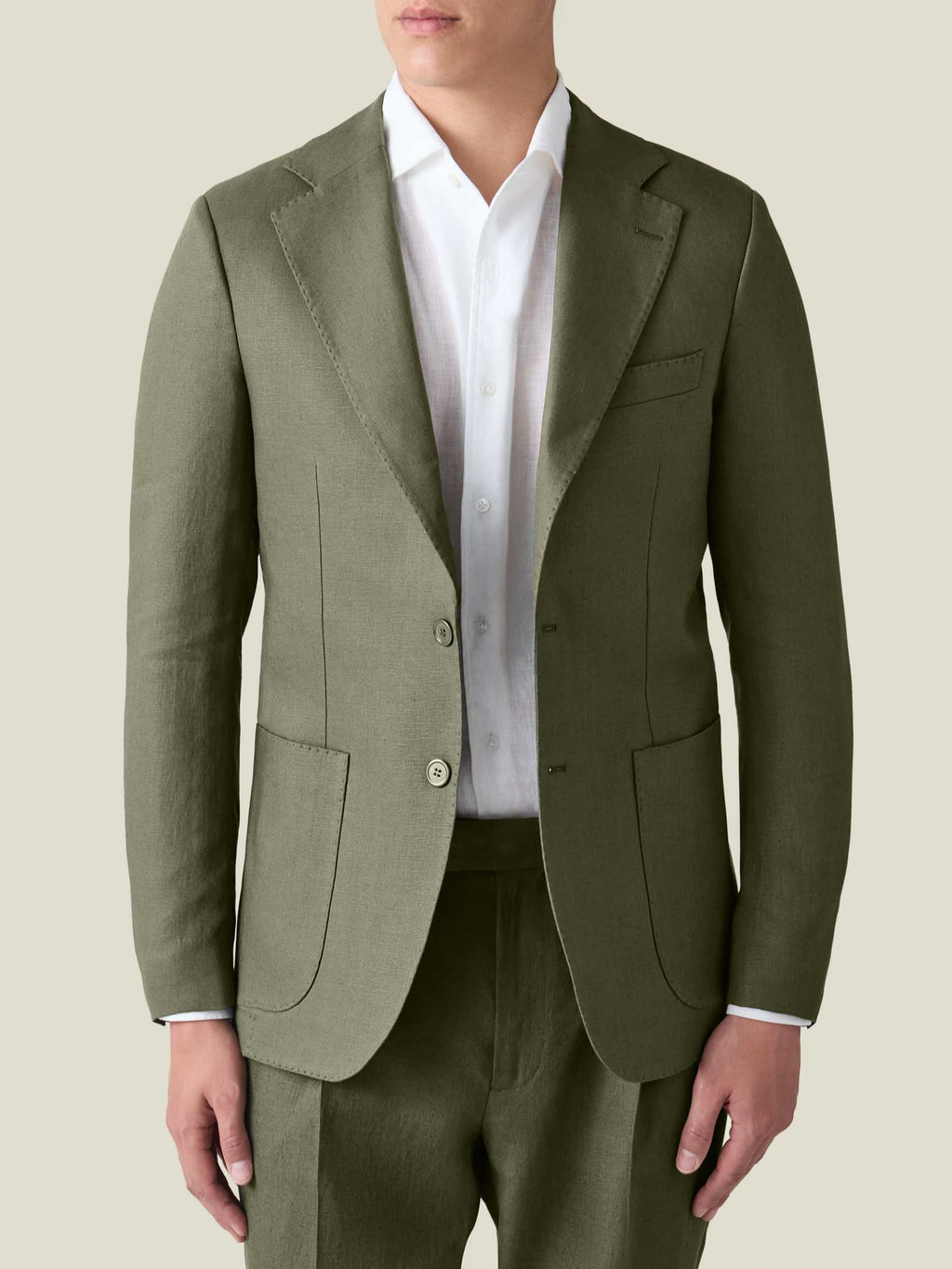 Front view of the Luca Faloni Olive Green Linen Suit, showcasing the single-breasted blazer and its textured fabric.