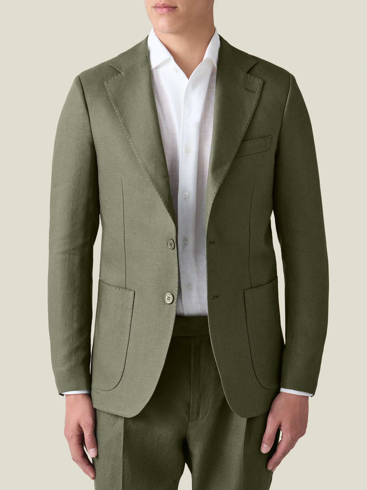 Front view of the Luca Faloni Olive Green Linen Suit, showcasing the single-breasted blazer and its textured fabric.