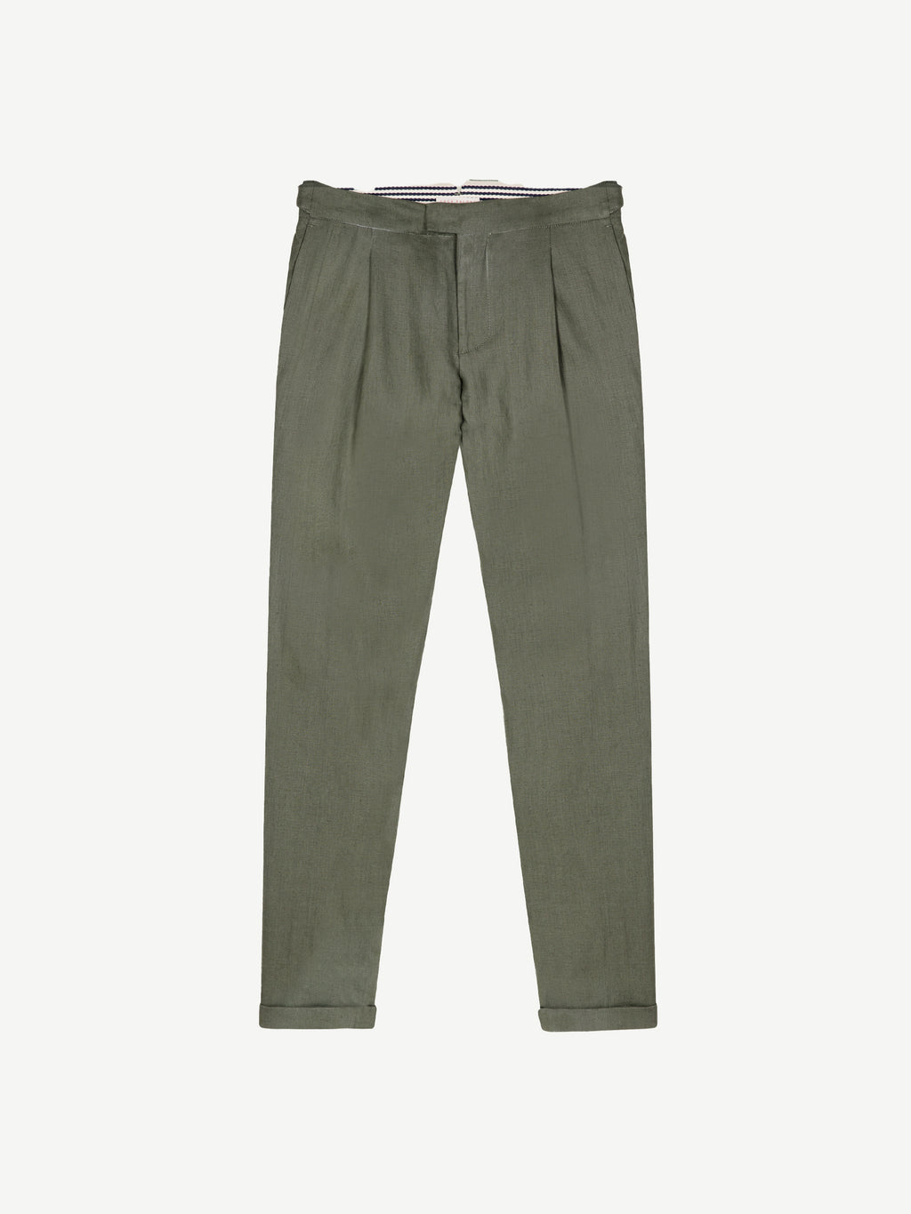 Front view of the Luca Faloni Linen Suit Trousers in Olive Green, highlighting the pleated front and slim-straight fit.