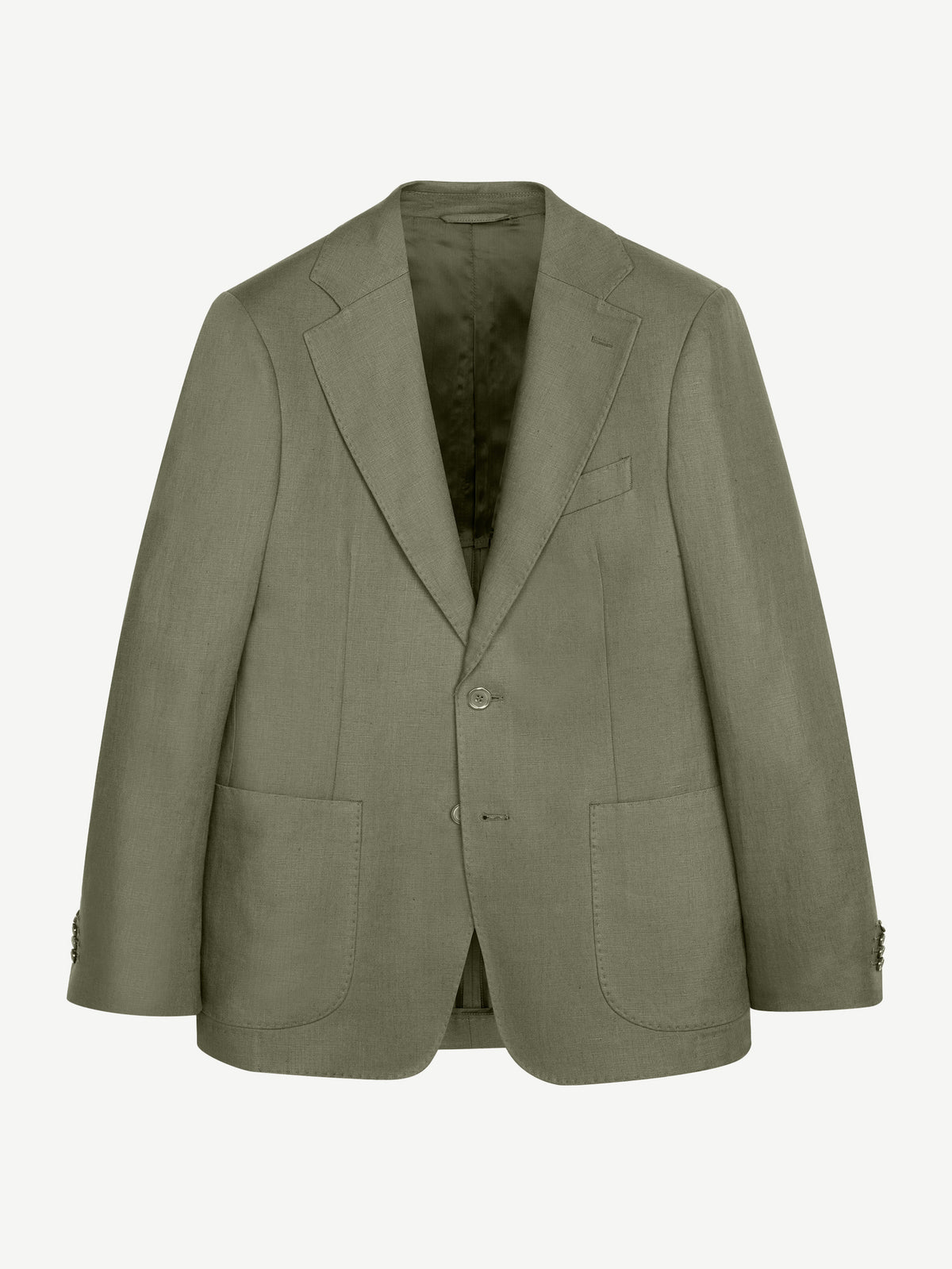 Front view of the Luca Faloni Olive Green Linen Suit, showcasing the single-breasted blazer and its textured fabric.