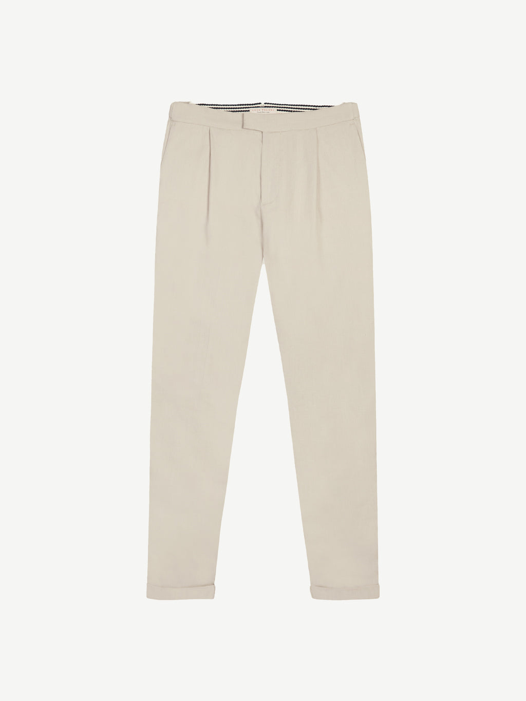 Front view of the trousers from the Luca Faloni Sand Linen Suit on a white background.