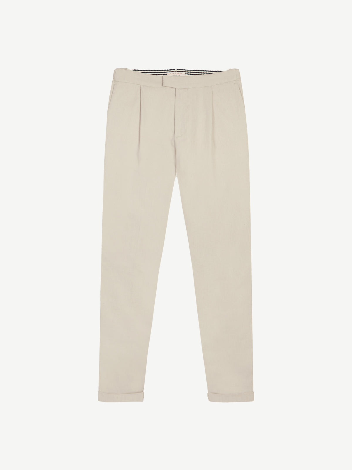 Front view of the trousers from the Luca Faloni Sand Linen Suit on a white background.