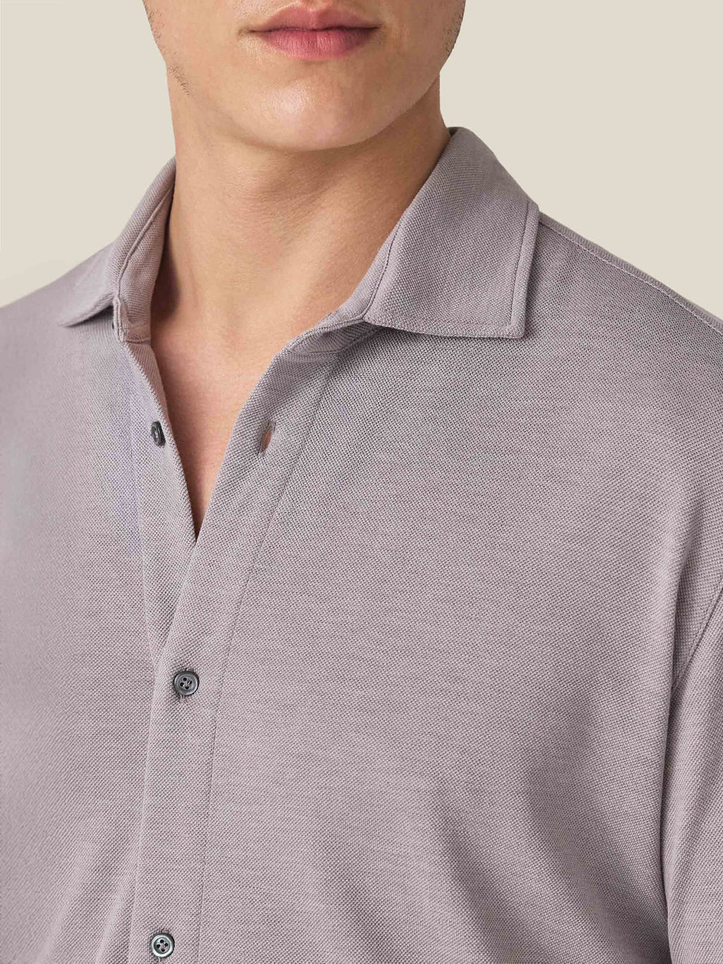 Close-up of the Nocciola Brown Silk-Cotton Piqué Shirt, highlighting the cutaway collar and textured fabric.