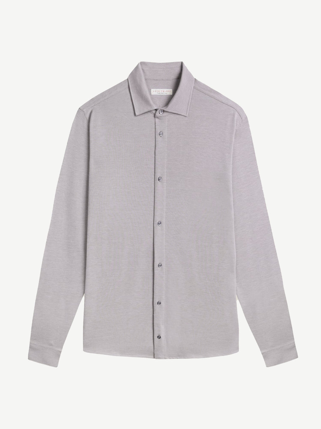 Front view of the light grey Silk-Cotton Piqué Shirt, laid flat to display its cutaway collar and long sleeves.