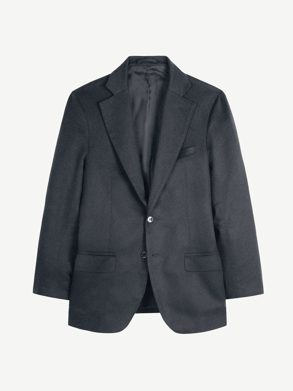 Front view of the Luca Faloni Wool Blazer in charcoal grey, laid flat to show its single-breasted cut and notch lapels.