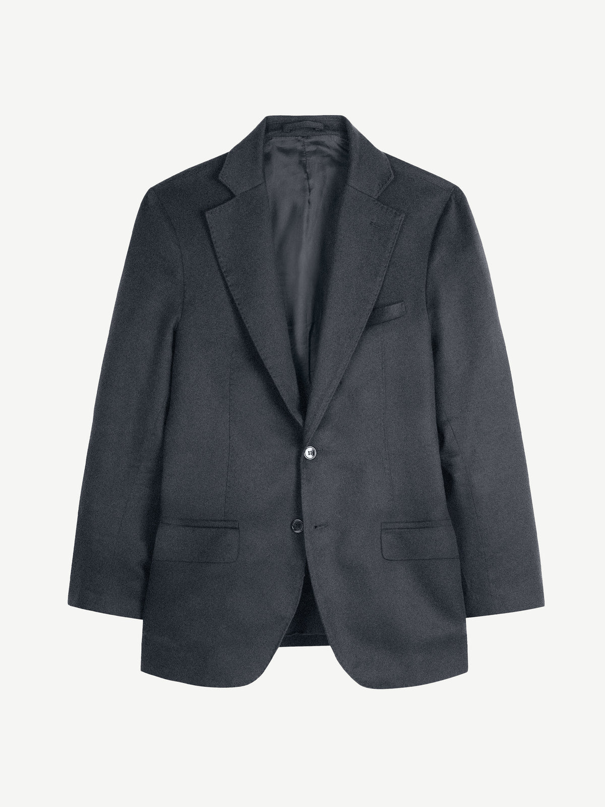 Front view of the Luca Faloni Wool Blazer in charcoal grey, laid flat to show its single-breasted cut and notch lapels.