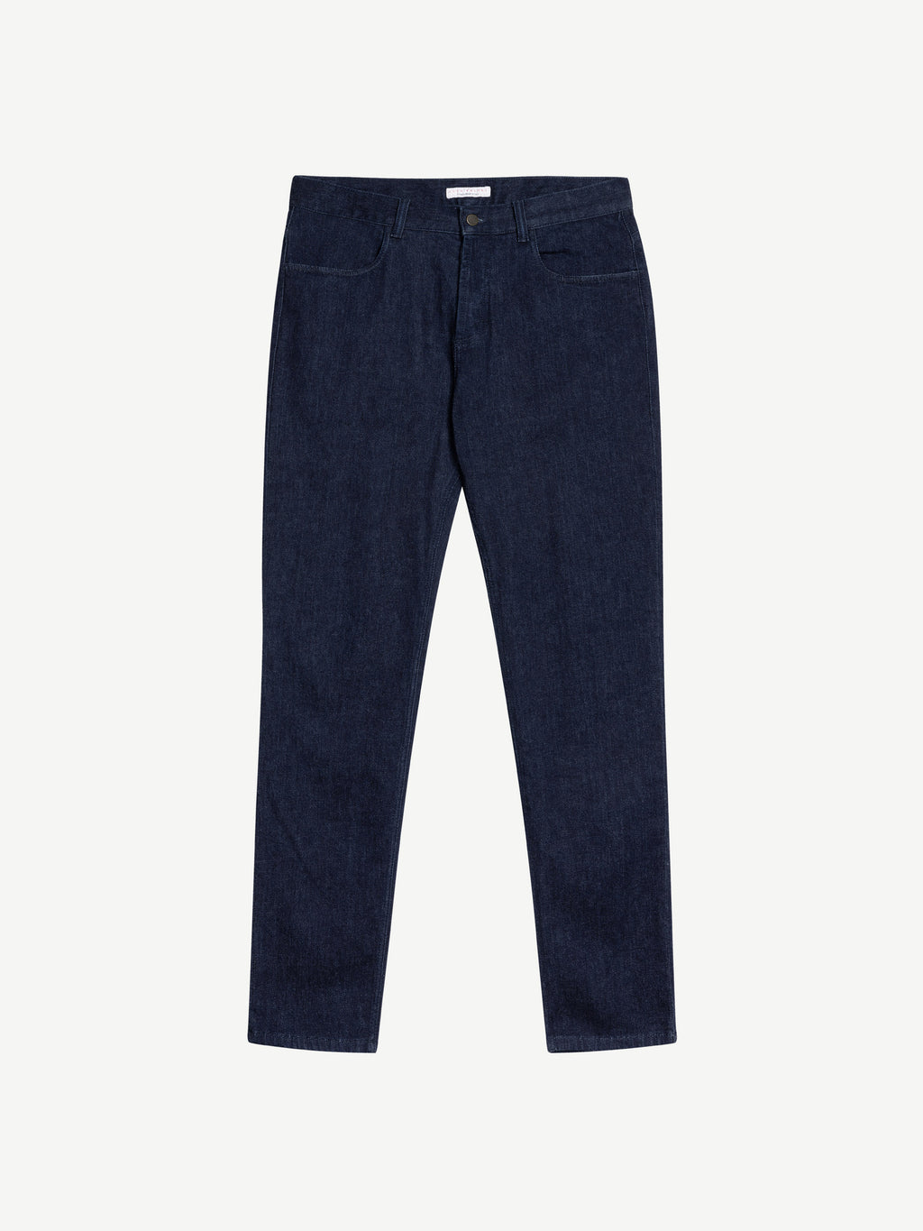 Front view of the Luca Faloni Cashmere Denim Jeans in dark blue, laid flat against a white background.