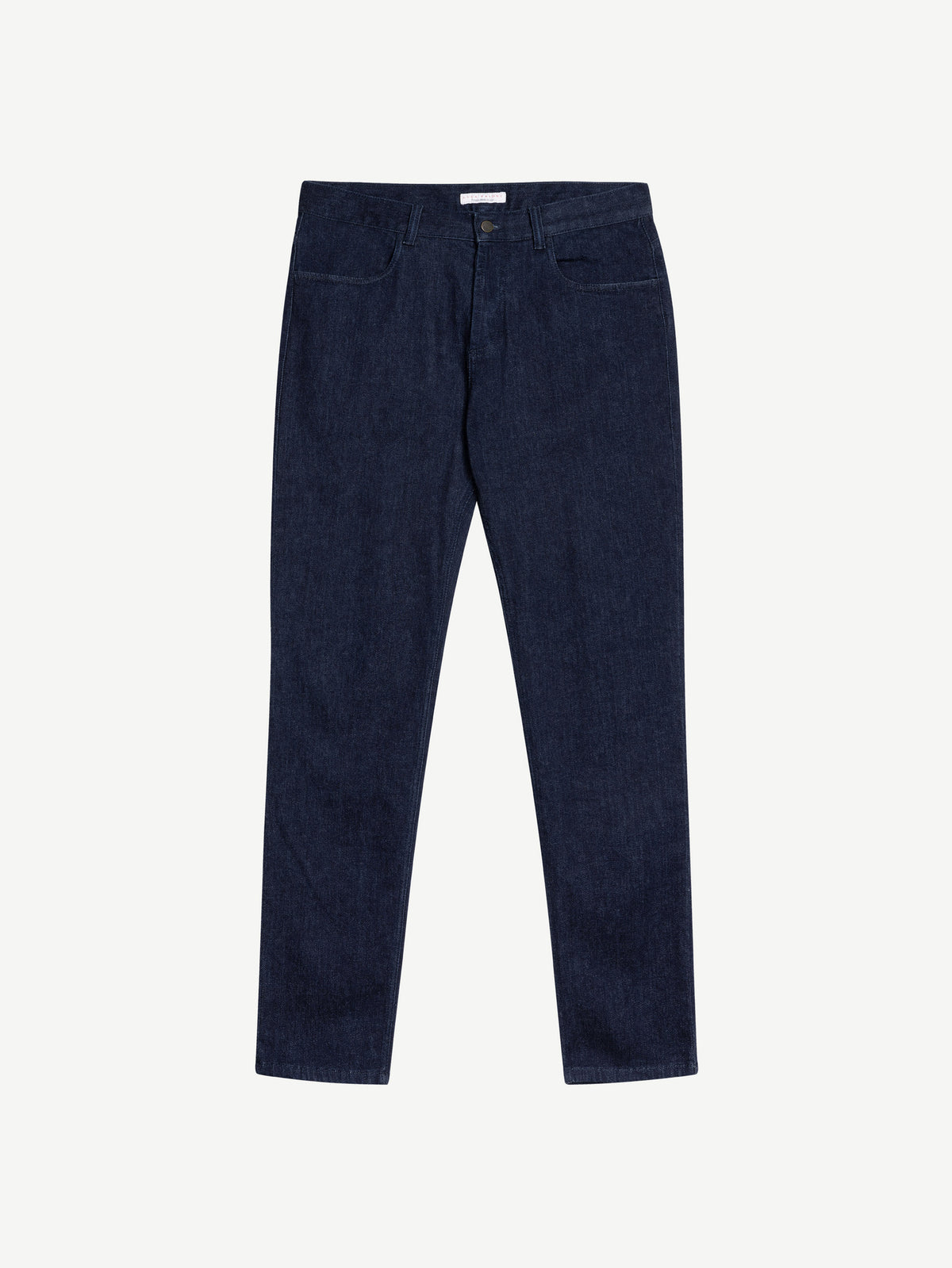 Front view of the Luca Faloni Cashmere Denim Jeans in dark blue, laid flat against a white background.