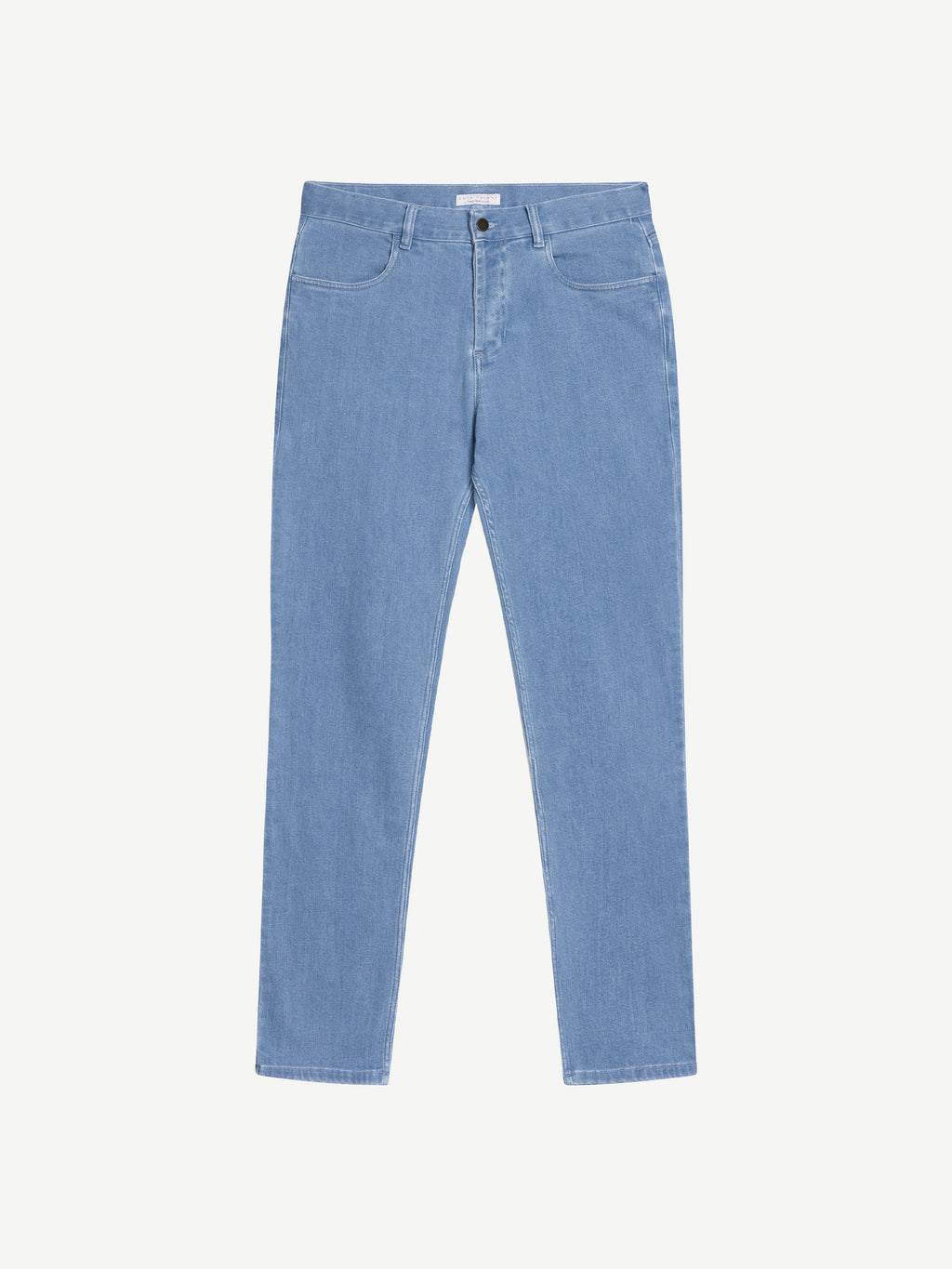 Front view of the Luca Faloni Cashmere Denim Jeans in light blue, laid flat on a white background.