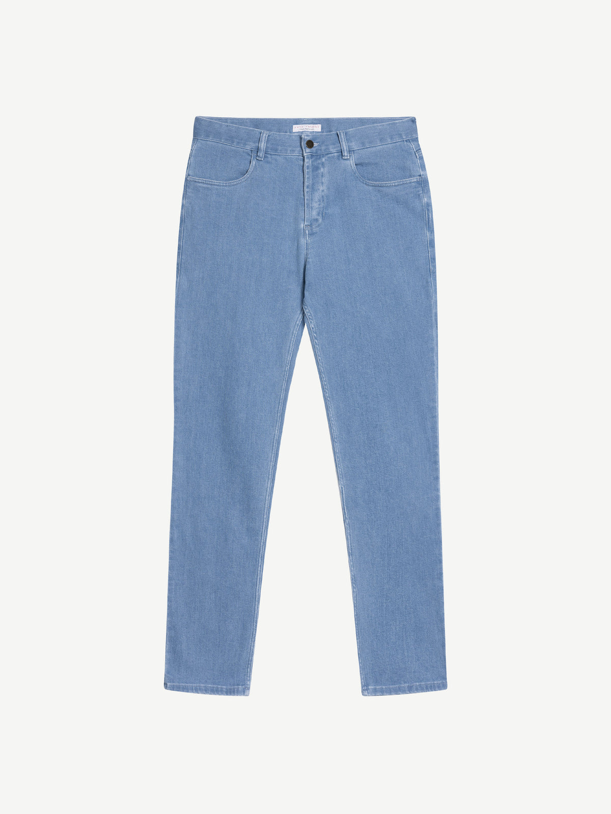Front view of the Luca Faloni Cashmere Denim Jeans in light blue, laid flat on a white background.