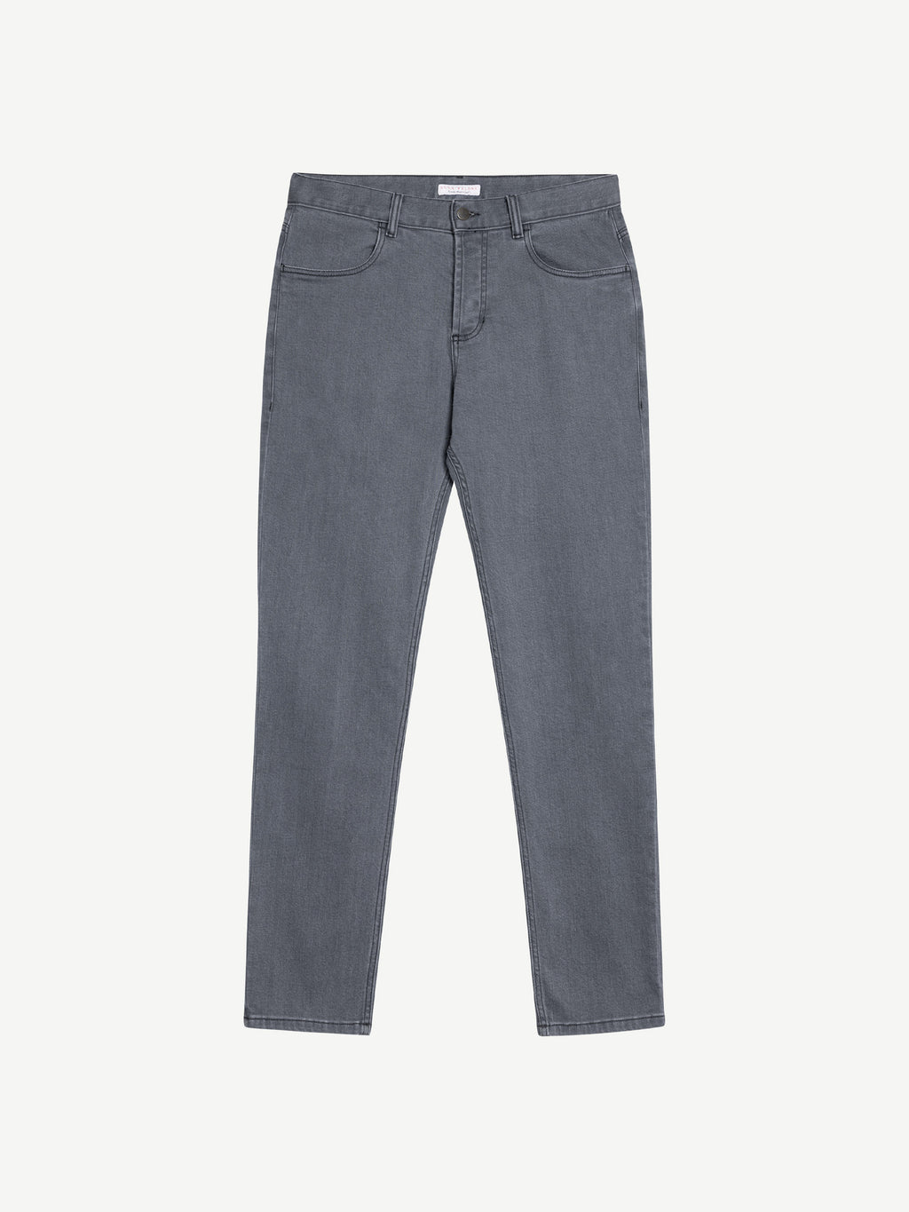 Front view of the Luca Faloni Cashmere Denim Jeans in stone grey, laid flat on a white background.