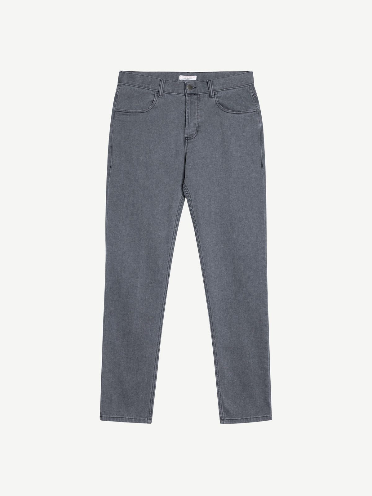 Front view of the Luca Faloni Cashmere Denim Jeans in stone grey, laid flat on a white background.