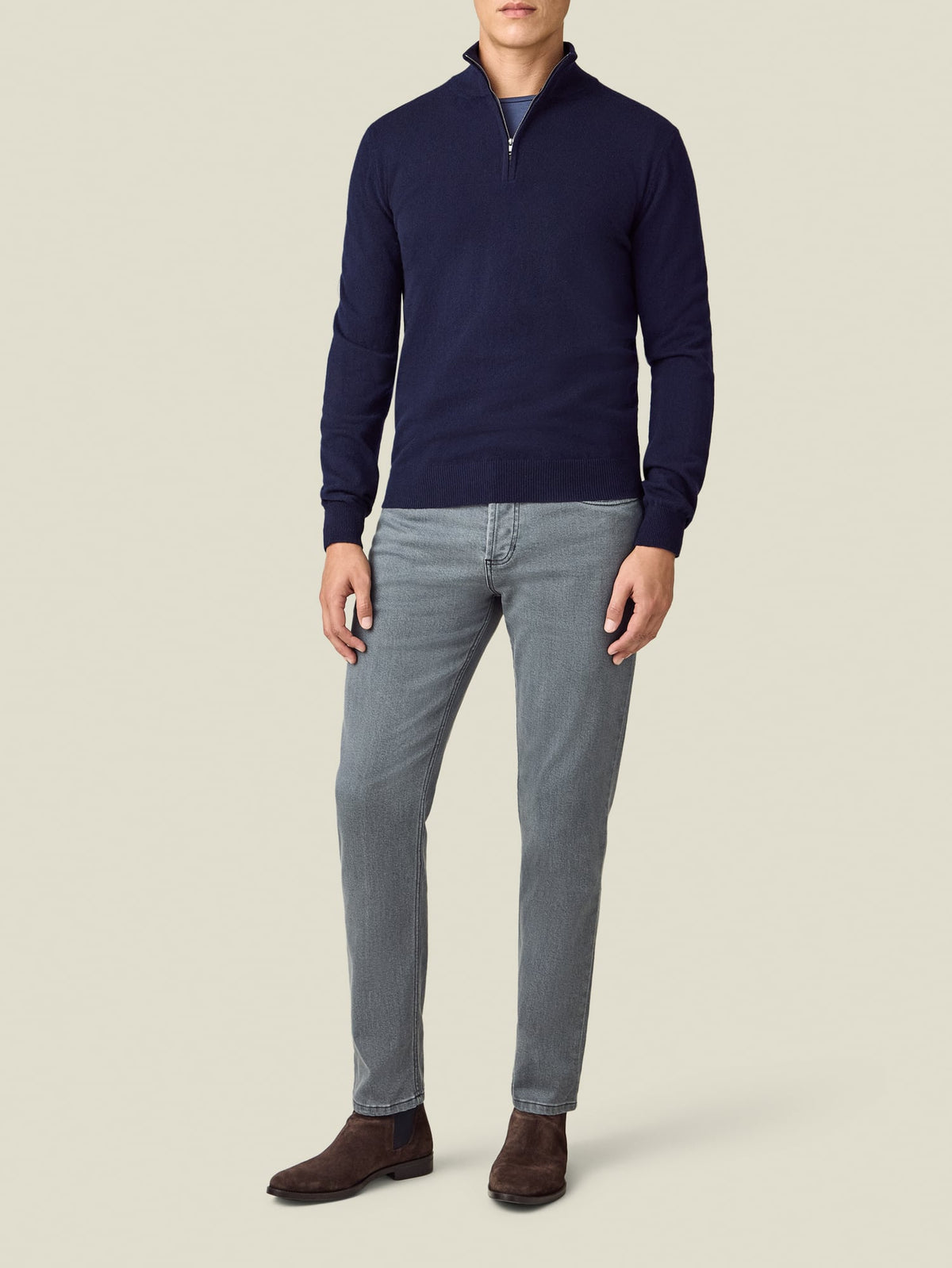 Front view of a model wearing the Luca Faloni Cashmere Denim Jeans in stone grey against a plain background.