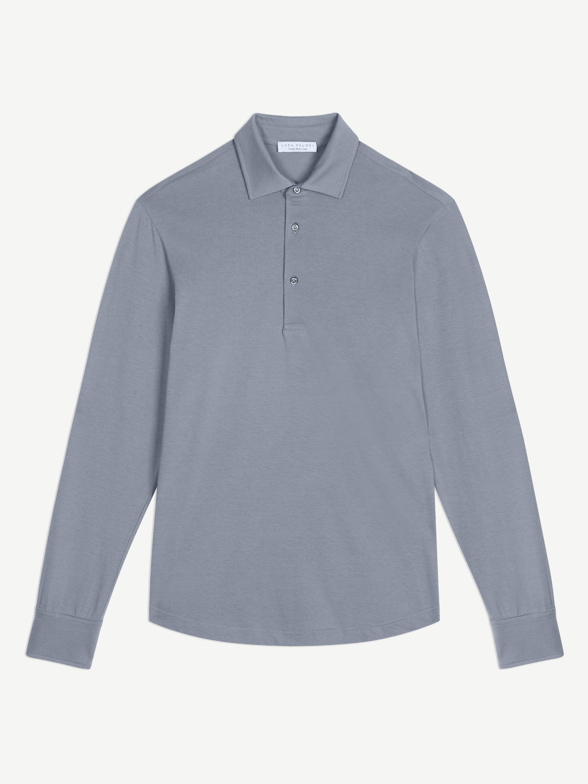 Front view of the light blue Cashmere-Cotton Long Sleeved Polo shirt on a white background.
