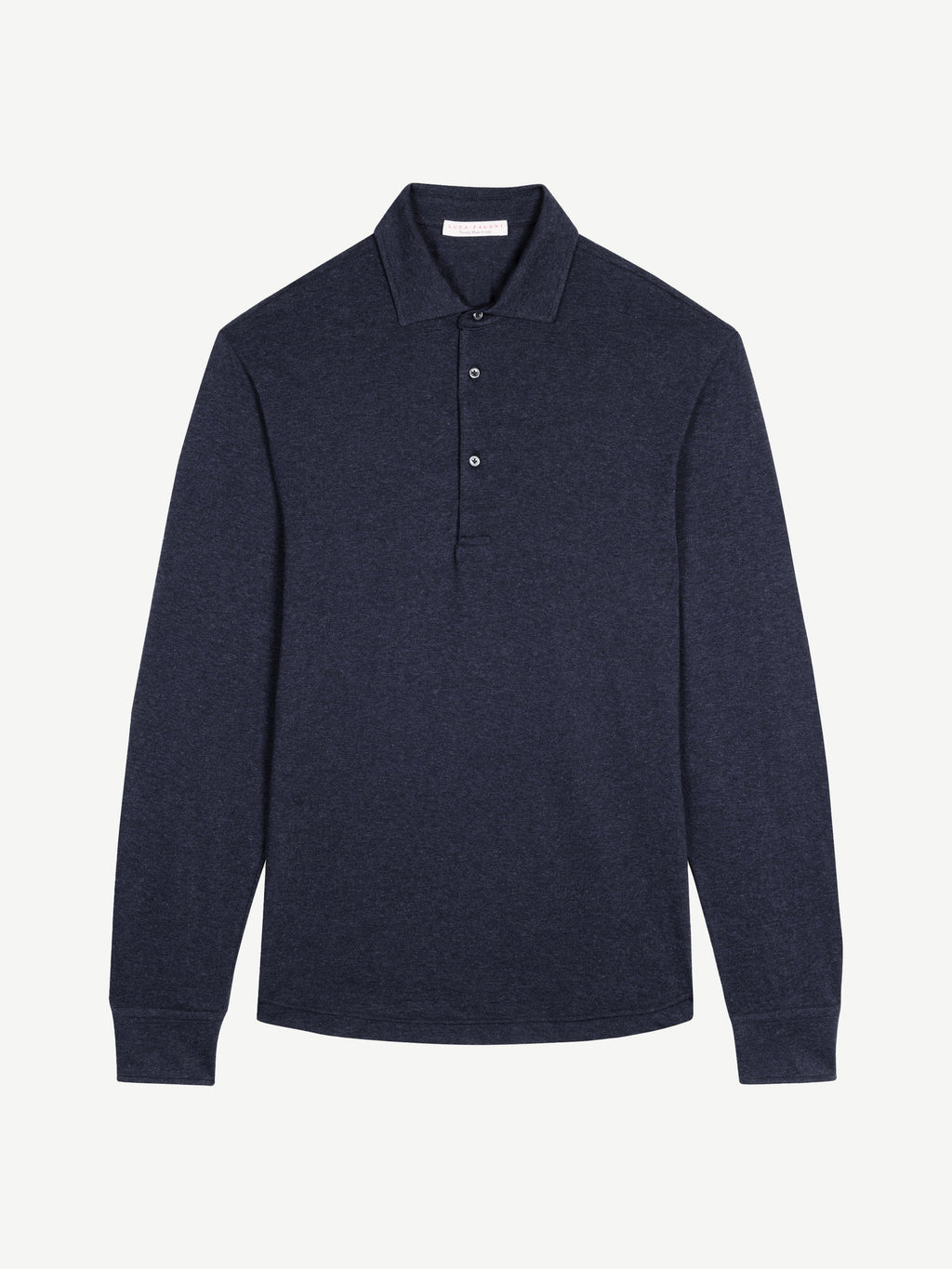 Front view of the Navy Blue Cashmere-Cotton Long Sleeved Polo shirt against a white background.