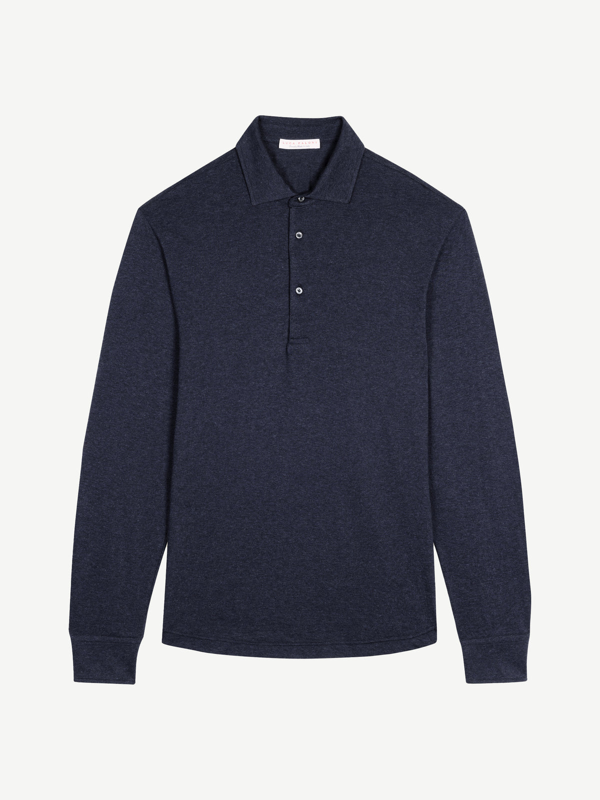 Front view of the Navy Blue Cashmere-Cotton Long Sleeved Polo shirt against a white background.