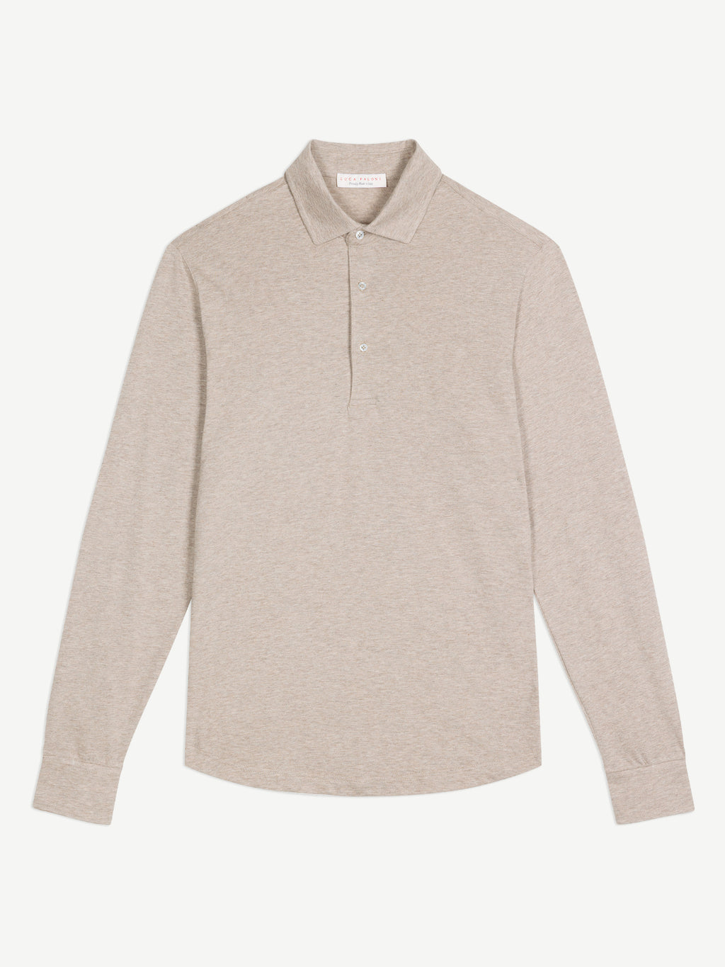 Front view of the light beige Cashmere-Cotton Long Sleeved Polo shirt on a white background.