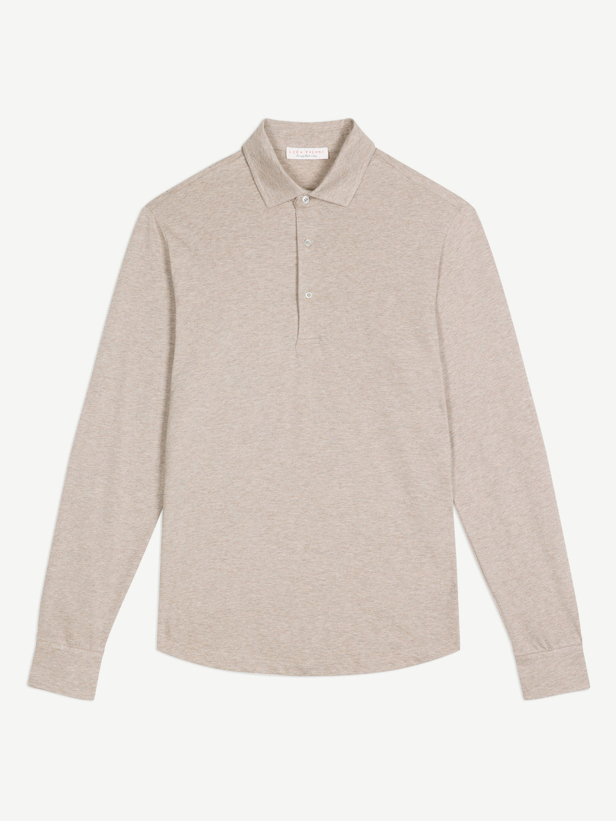 Front view of the light beige Cashmere-Cotton Long Sleeved Polo shirt on a white background.