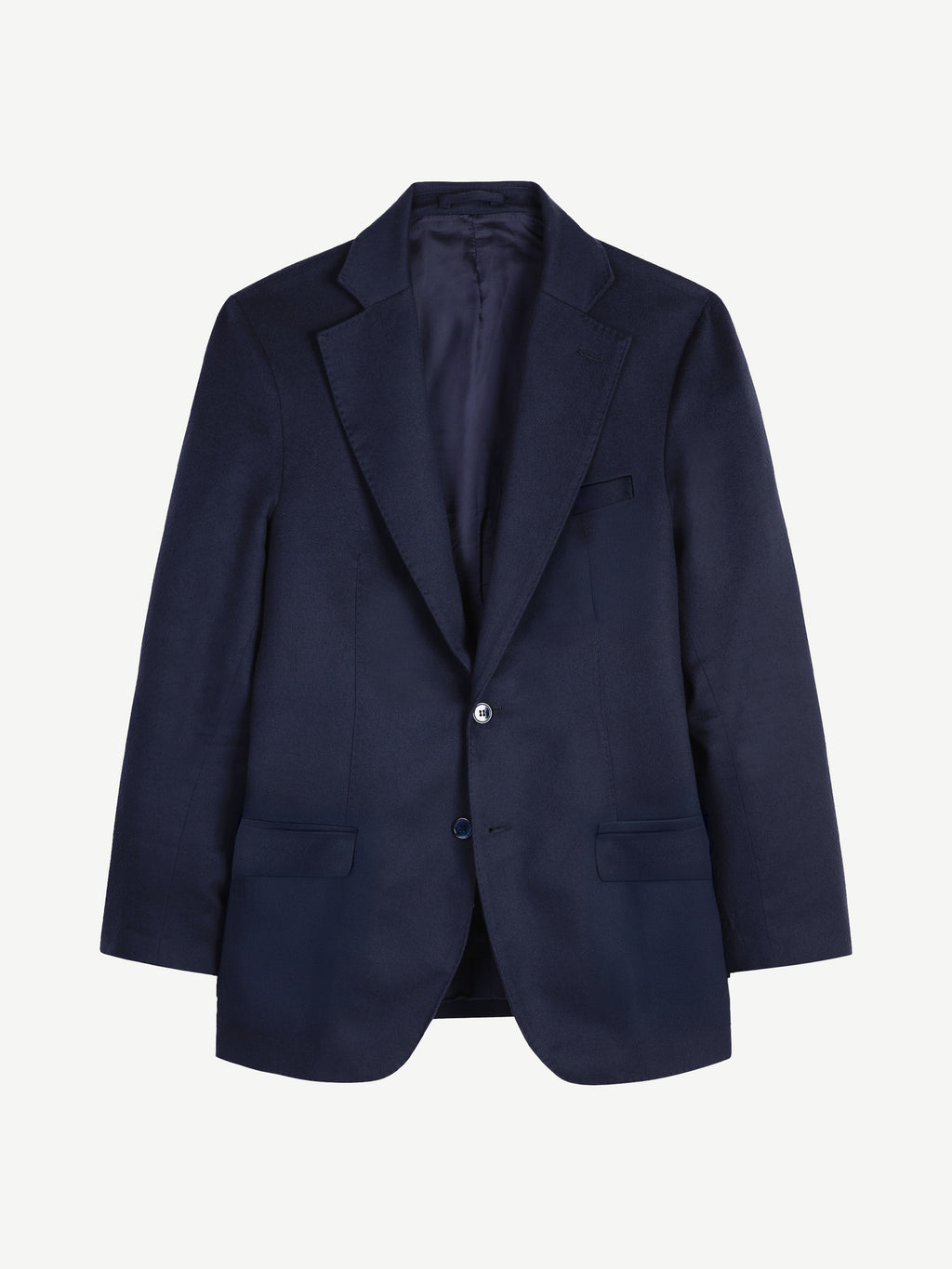 Front view of the Luca Faloni Midnight Blue Wool Suit blazer, showing its notch lapels and single-breasted design.