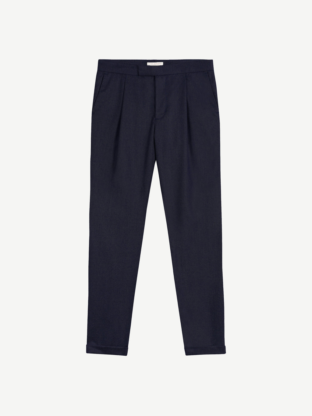 Front view of the trousers from the Luca Faloni Midnight Blue Wool Suit, showing the single pleats and cuffed hems.