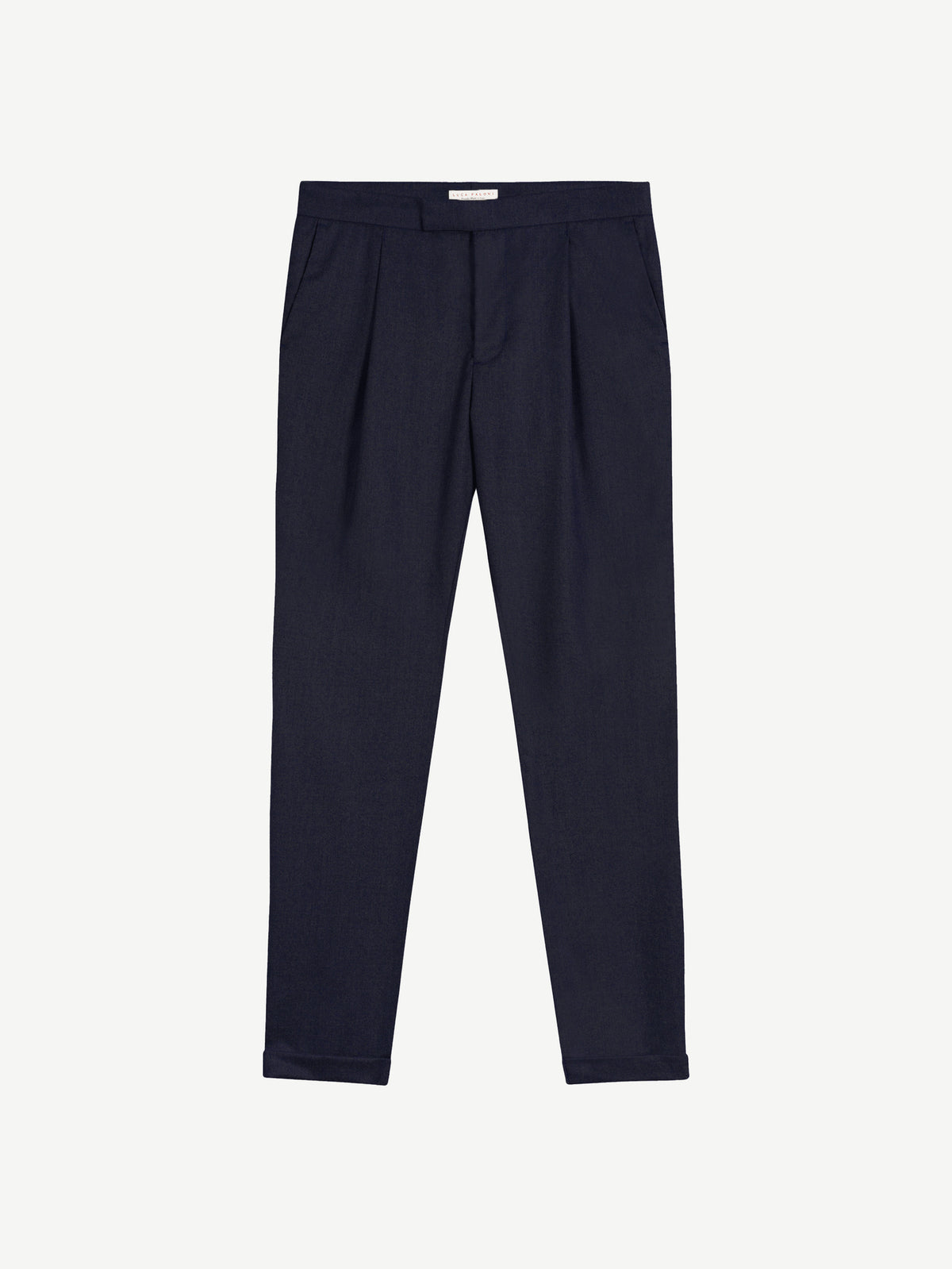 Front view of the trousers from the Luca Faloni Midnight Blue Wool Suit, showing the single pleats and cuffed hems.