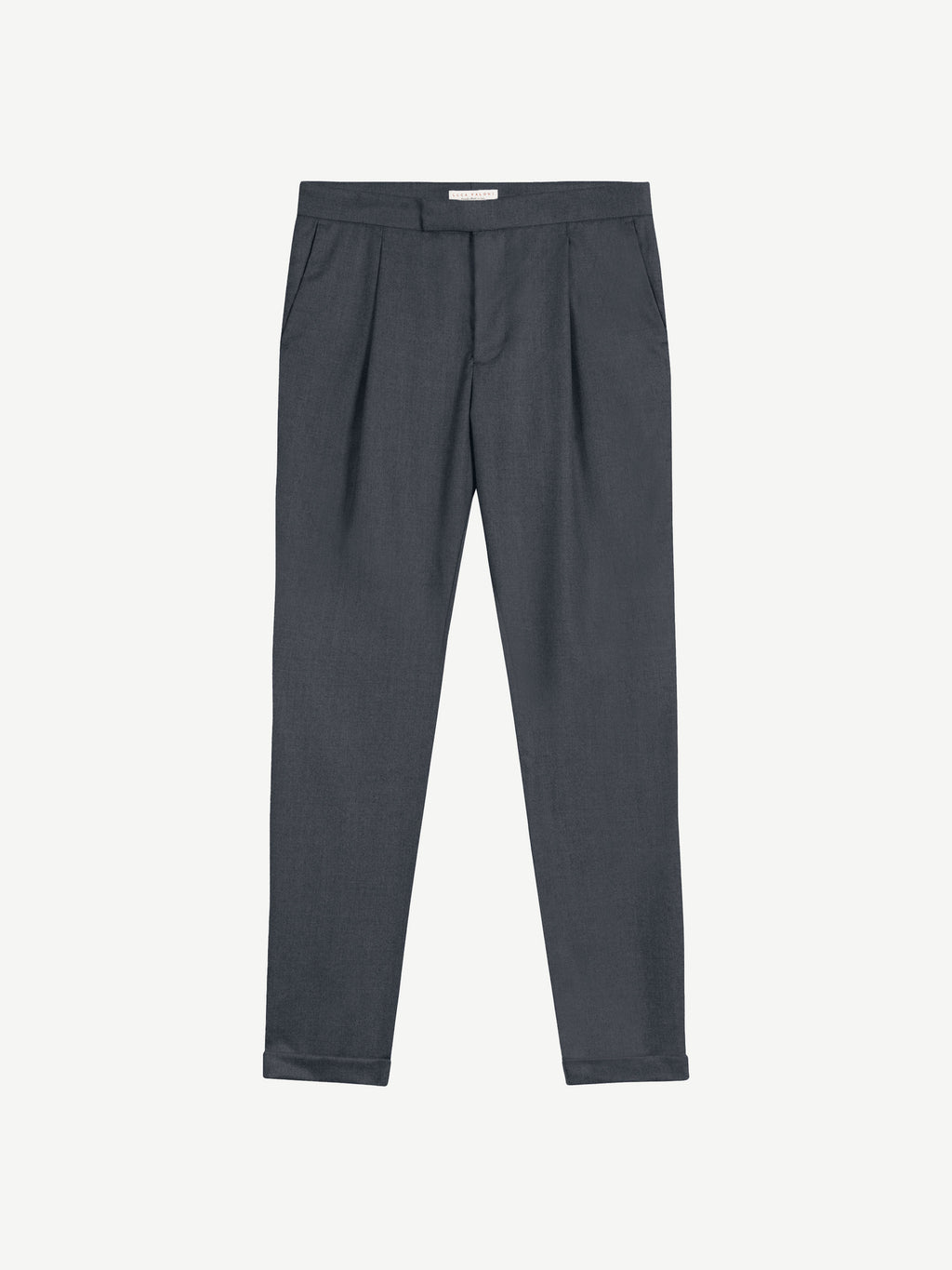 Front view of the trousers from the Luca Faloni Charcoal Grey Wool Suit, highlighting the single pleats and cuffed hems.