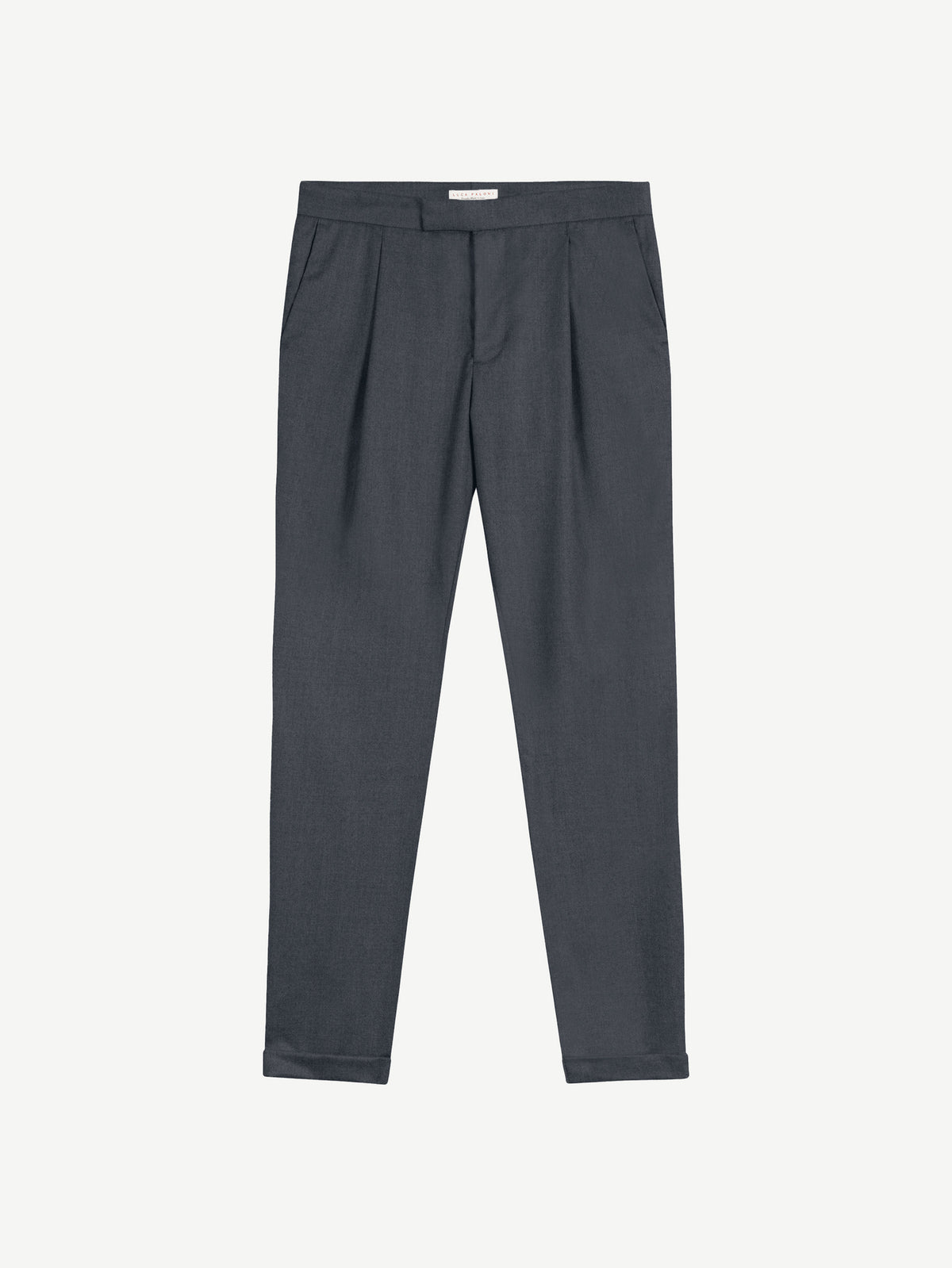 Front view of the trousers from the Luca Faloni Charcoal Grey Wool Suit, highlighting the single pleats and cuffed hems.