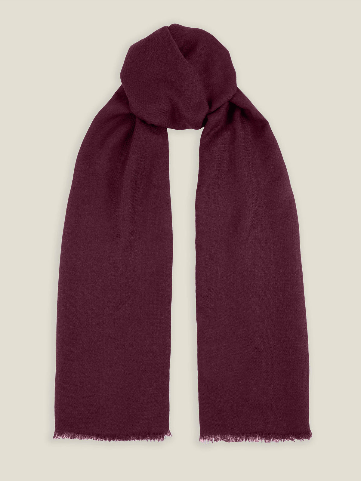 Front view of the Luca Faloni Silk-Cashmere Scarf in Burgundy, tied in a classic knot against a neutral background.