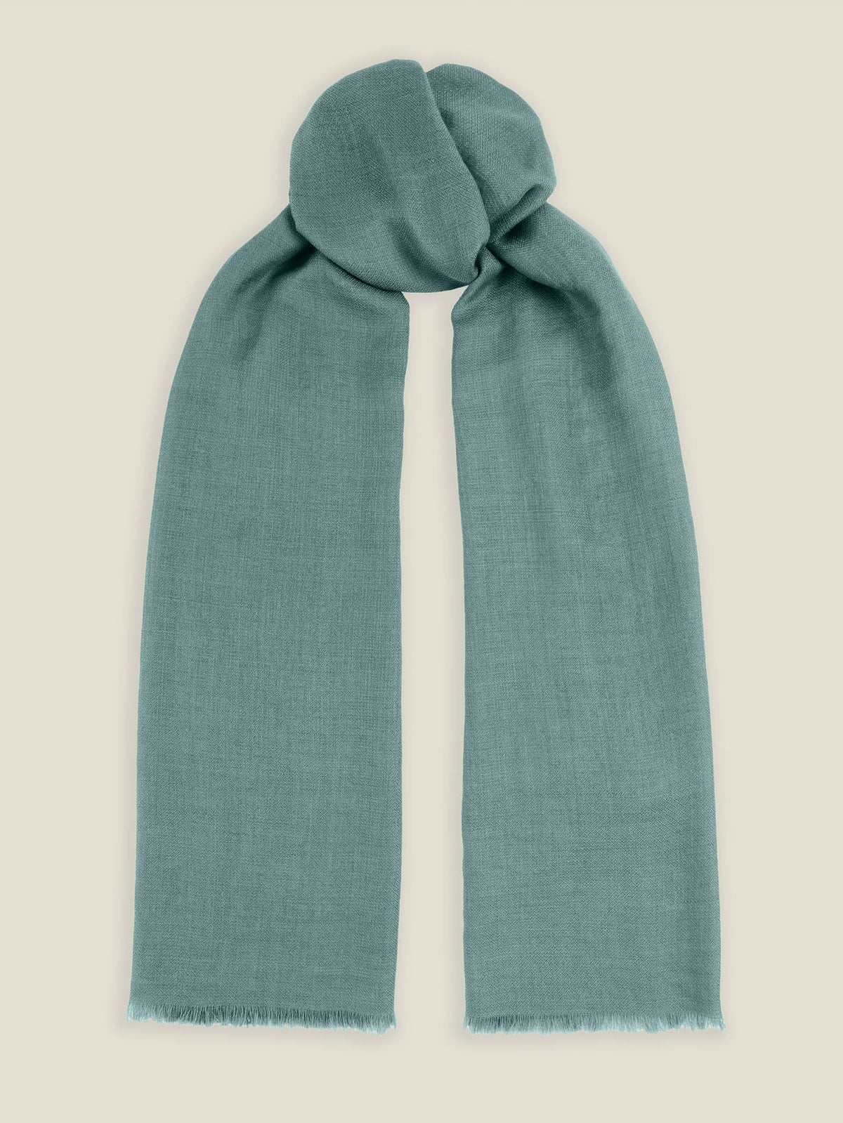 Front view of the Luca Faloni Silk-Cashmere Scarf in teal, laid flat with a knot, showcasing its fine texture and frayed hem.