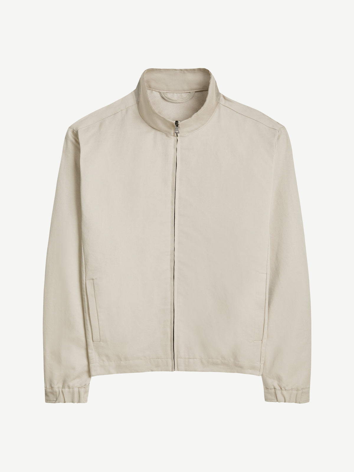 Front view of the Luca Faloni Linen Bomber Jacket in off-white, laid flat against a white background.