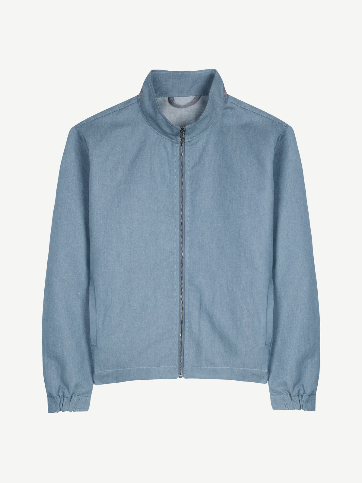 Luca Faloni Linen Bomber Jacket in light blue, seen from the front.
