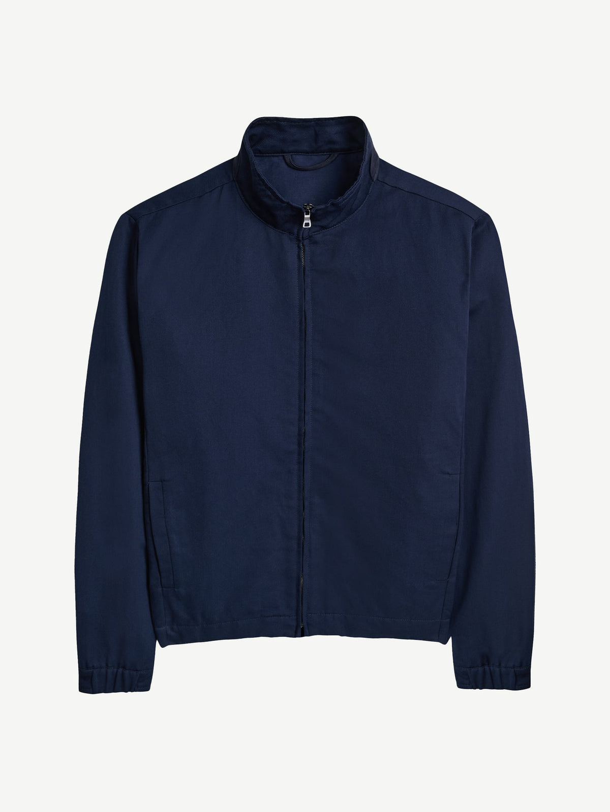 Front view of the navy blue Linen Bomber Jacket, laid flat against a white background.