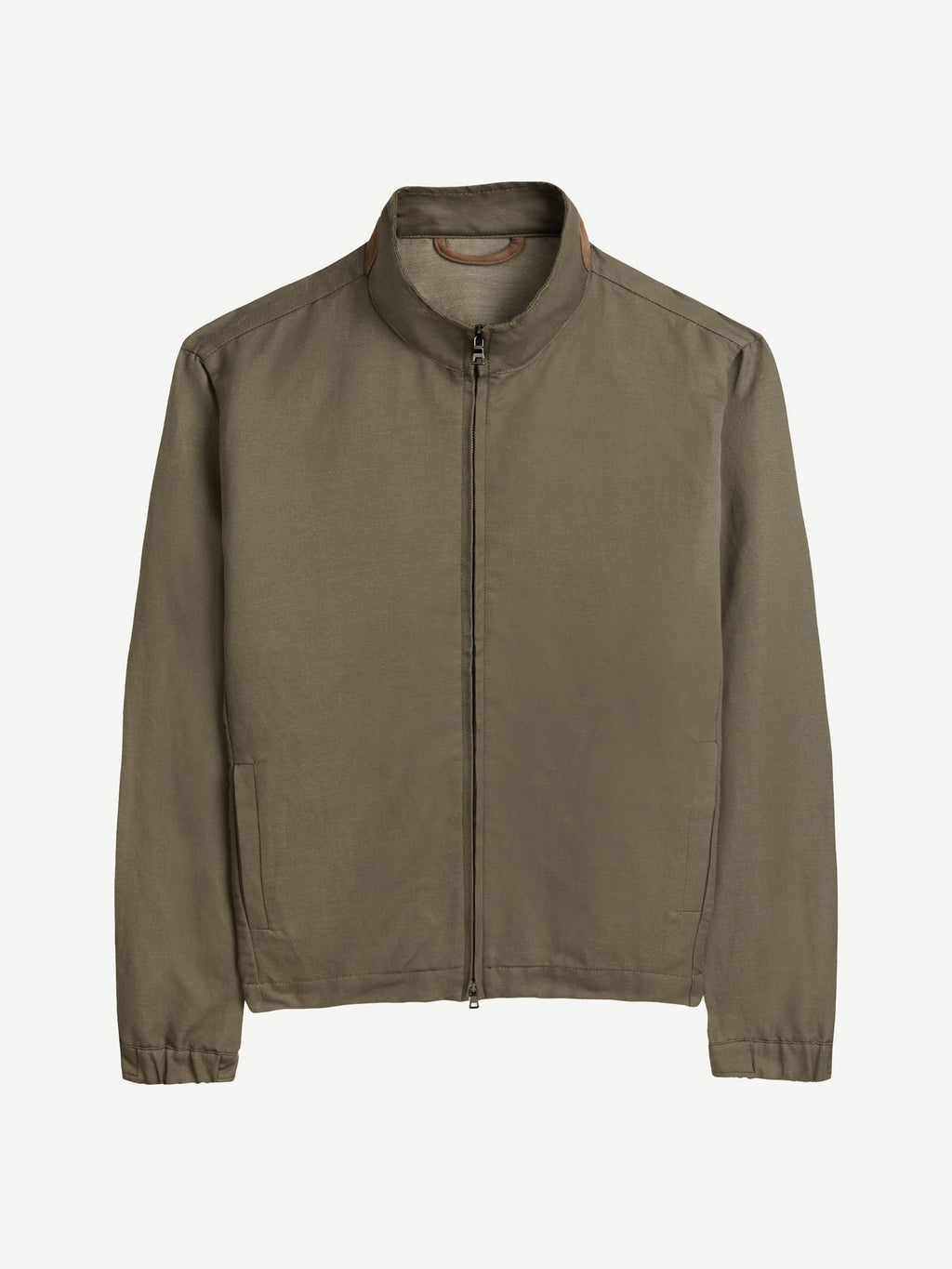 Studio shot of the Luca Faloni Linen Bomber Jacket in olive green.
