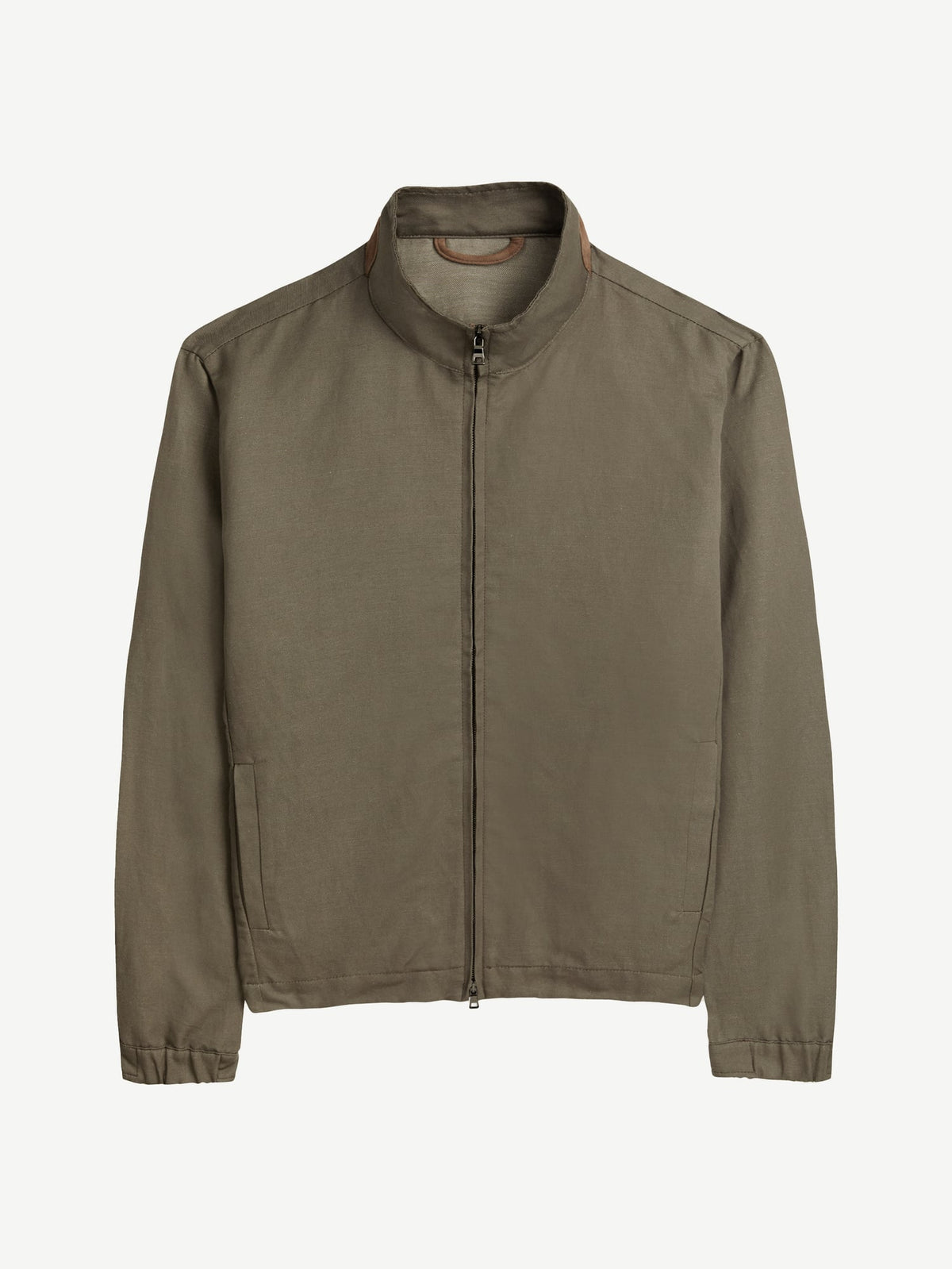 Studio shot of the Luca Faloni Linen Bomber Jacket in olive green.