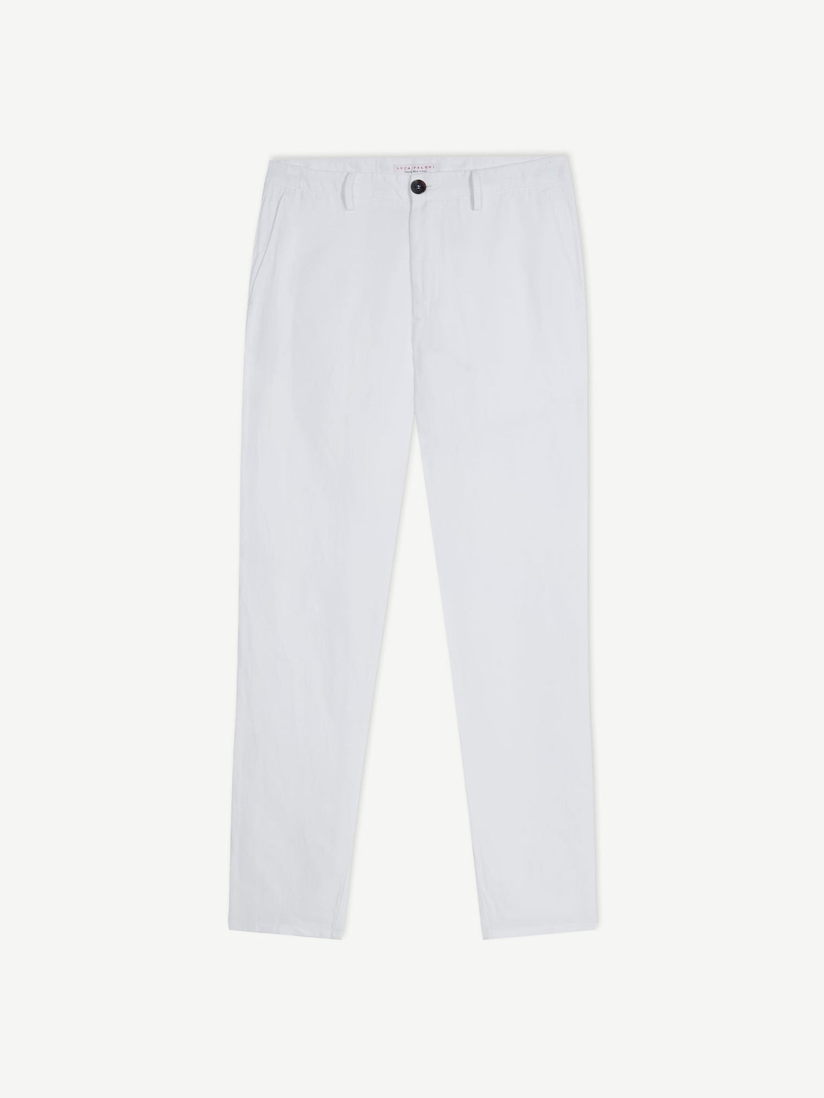 White Linen Cotton Trousers, laid flat against a white background.
