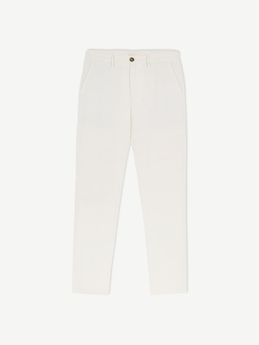 Front view of the white Linen Cotton Trousers, laid flat against a white background.