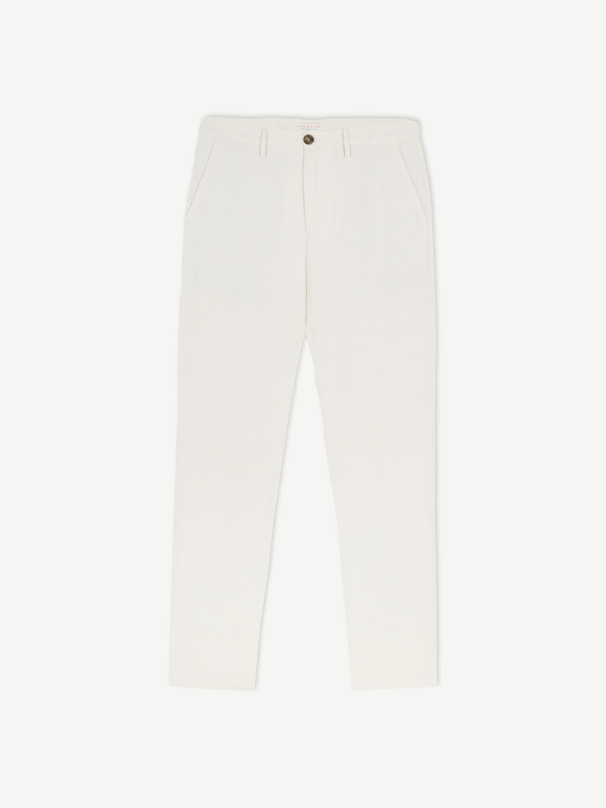 Front view of the white Linen Cotton Trousers, laid flat against a white background.